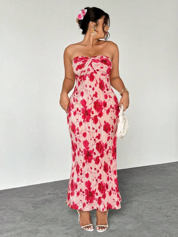 Firerie Plus Size Women's Elegant Romantic Vacation Pleated Maxi Dress, Red Ombre Floral Print A-Line Waist Tie Flowy Vacation, Wedding Season Sexy Beach Western Festival Summer Outfit Bohemian Maxi Dress,Summer Dresses For Women,Maxi Dress,Wedding Guest Dress Women