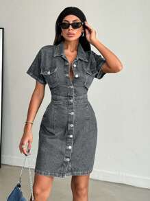 EURMUSE Women's Fashion Casual Button Light Wash Denim Dress - Light Grey - View 3
