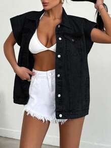 RueChic 100%Cotton Elastic Band Detailed, Rigid Vest - Dark Grey - View 1