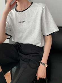 DAZY Women's Casual Colorblock Round Neck Loose Street Wear Short Sleeve Letter Print T-Shirt, Summer