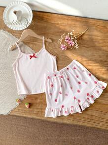 青少年女孩夏季睡衣套装，薄粉色纯色甜美修身背心，草莓印花荷叶边短裤两件套家居服 - 粉色 - 查看 8