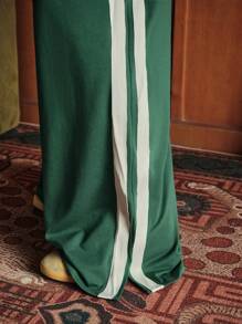 Manfinity VCAY Unisex Casual Knit Mid-Rise Drawstring Waist Split Hem Side Tape Embellished Wide Leg Sweatpants - Green - View 6