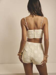 Aralina 秋冬女士钩针花卉贴花刺绣花朵扇形下摆松紧腰高腰超短短裤，适合外出和派对穿着 - 杏色 - 查看 7