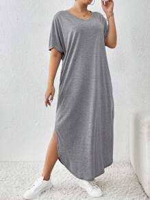 SHEIN Essnce Plus Size Women's Spring And Summer New Fashion Commuter Casual Pocket Design Slit Long Robe Dress - Light Grey - View 4