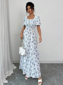 SHEIN Tall Elegant Vacation Casual Puff Sleeve Square Neck Tied Waist Slim Fit Dress For Tall Women, Spring/Summer