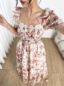 Modelyn 女式法式方领数码印花透视短袖连衣裙