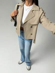 SHEIN Tall Beige Button-Down Drawstring Trench Coat Women's In Fall/Winter