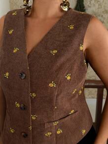 Travachic Plus Size Women Boho Embroidered Corduroy Vest,Elegant Summer Ditsy Floral V-Neck Brown Waistcoat,Bohemian Casual Autumn Layering Top - Coffee Brown - View 7