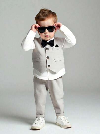 3 件套男婴优雅正式绅士装套装：长袖正装衬衫，带领结和假口袋格子背心和松紧腰休闲裤，适合春秋季节、6 个月至 3 岁儿童的服装，适合比赛、表演、婚礼、派对、拍照、户外的时尚套装