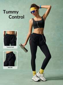 VARSIVA Versatile Black 2-In-1 Active Bottoms For Women Long Knitted Leggings Featuring Tummy Control, D Outer Drawstring Shorts With Mesh Details Perfect For Gym Workouts And Yoga.