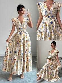 Elenzga Neues Ditsy Blumen Modell Lässig Urlaubs Kleid mit geraffter Taille, Kreuzausschnitt, ausgestelltem Schnitt und Flatterärmeln, Sommer - Verschiedenfarbig - Übersicht 3