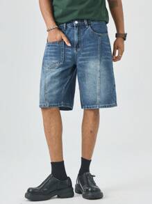Manfinity EMRG Men's Summer Casual Street Patchwork Pocket Loose Denim Shorts - Medium Wash - View 1