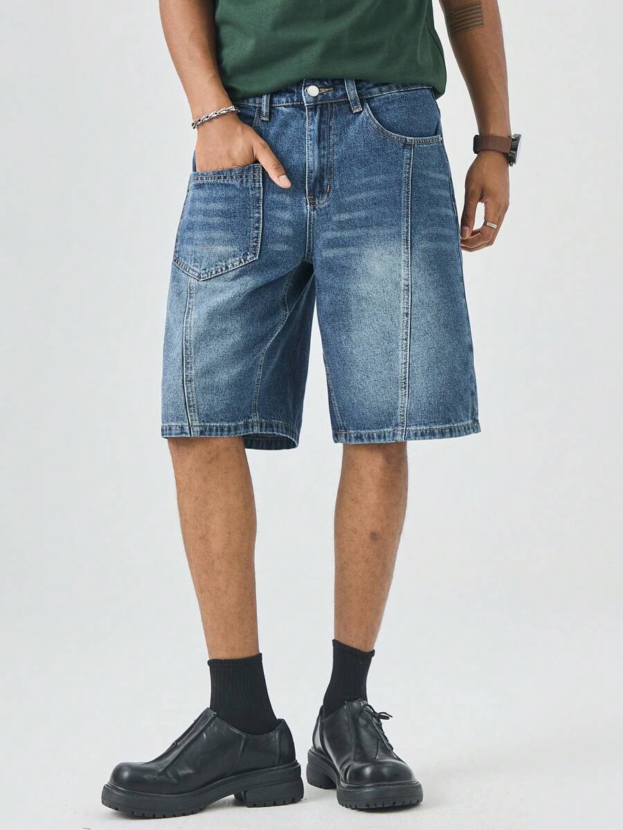Manfinity EMRG Men's Summer Casual Street Patchwork Pocket Loose Denim Shorts - Medium Wash - View 1