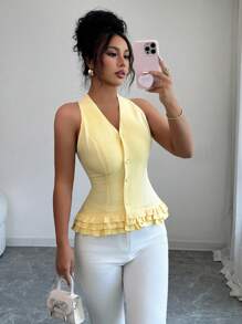 Elenzga Blusa de mujer elegante con cuello en V con volantes y sin mangas, para usar en vacaciones románticas, resorts de playa o fiestas de té por la tarde