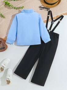 SHEIN 2 件套年轻男孩绅士服装套装，春/秋季，包括 1 件长袖翻领衬衫和 1 条带可调节吊带的及踝休闲裤，适合生日派对、婚礼、婚礼宾客、戒指持有人、花童 - 淺藍色 - 查看 2