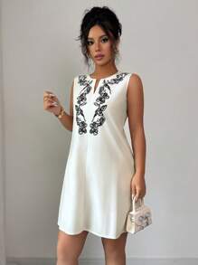 Elenzga 女士简约优雅短款无袖连衣裙 - 杏色 - 查看 4