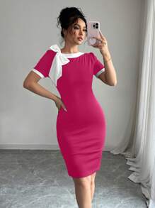 Elenzga 女士优雅侧系带肩部修身夏装 - 玫紅色 - 查看 7