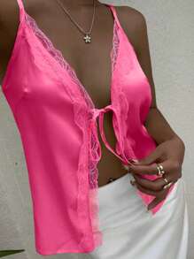 SHEIN Unity Top de tirantes informal de verano para mujer, de unicolor con contraste de encaje en la parte delantera - Rosa Fucsia - Ver 6