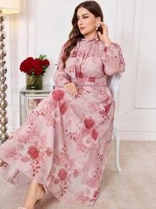 Graceveil Plus Size Women Elegant Flared Waist Belt Printed Full Length Modest Dress - Beige - View 1
