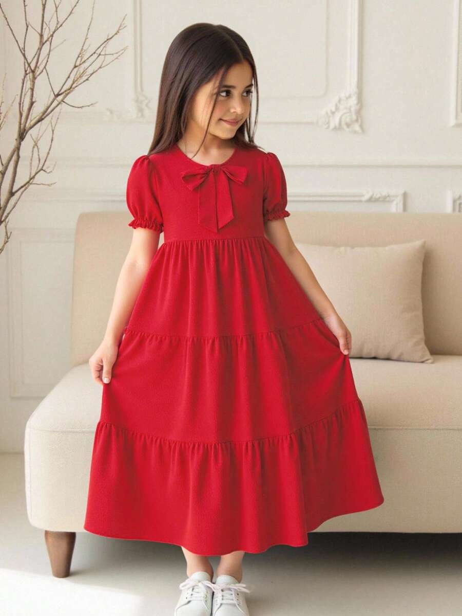 SHEIN Tween 女孩休閒寬鬆泡泡短袖紅色領結連身裙 - 紅色 - 查看 1