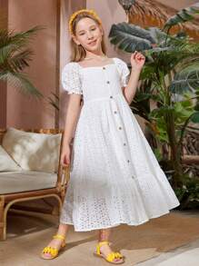 SHEIN Tween Girl Puff Sleeve Button Front Schiffy Dress - White - View 5