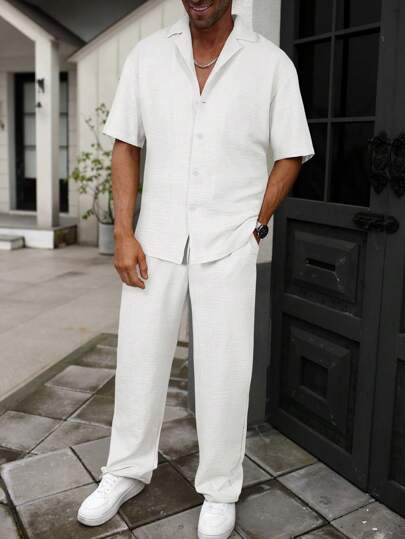 Manfinity Homme Men's Summer Casual Solid Color Loose Fit Drop Shoulder Short Sleeve Shirt And Long Pants Set Men Summer Pants Set Men Resort Outfit Men Co Ord Set