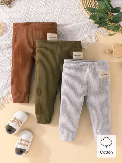 SHEIN Vintaside Kids Spring And Autumn Baby Boy Pants, Versatile Pit Ribbed Trousers Three-Pack, Multiple Sets