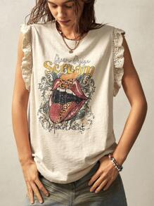 Bohemela Parte superior tipo tank con cuello redondo, volantes y estampado gráfico para mujer de talla grande