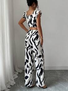 Selianne 2pcs Women Summer Casual Full Print Ruffle Hem Crop Top And Long Pants Set - Apricot - View 2