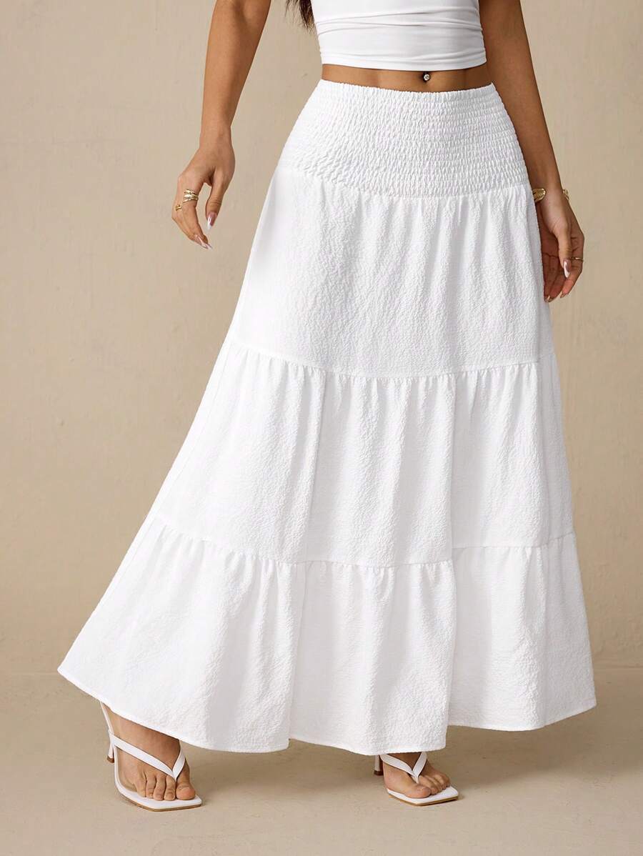 SHEIN PETITE Váy suông màu trơn lưng thun mùa hè viền bèo nhún màu mơ - trắng - Xem 1