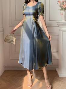 DAZY 女士优雅拼布方领泡泡袖中长连衣裙 - 藍色 - 查看 5