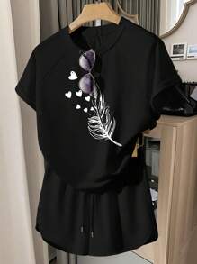 INAWLY 女士夏季心形和羽毛印花插肩袖T恤和短裤套装 - 黑色 - 查看 1