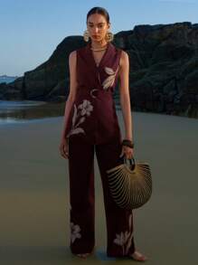 ZEYLAH Business Style Embroidered Linen Loose Fit Dual Breasted Suit Vest - Burgundy - View 10