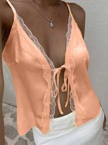 SHEIN Unity Top casual de tirantes de mujer de unicolor con parches de encaje y espalda descubierta - Naranja - Ver 3