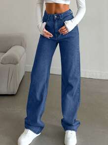 SHEIN Tall Snow Wash Straight Leg Jeans High Rise For Tall - Royal Blue - View 6