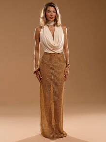 SHEIN BAE Pulover și fustă mini tricotate clasice, culoare uni, model casual și la modă, primăvară/vară