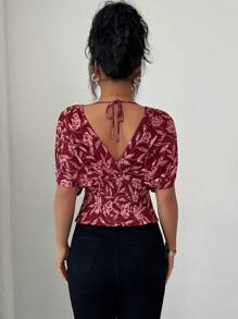 Selianne Women's Summer Floral Print Batwing Short Sleeve Pleated Fashionable Blouse - Burgundy - View 2