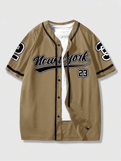 ROMWE MEN Prep 男士休闲都市标志印花短袖衬衫，夏季