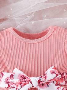 SHEIN 揉皺 羅紋針織花卉印花嬰兒連衣裙 - 彩色 - 查看 4