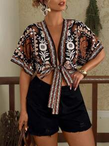 Travachic Plus Size Vintage Floral Print Tie Front Short Sleeve Shirt Boho - Black - View 3