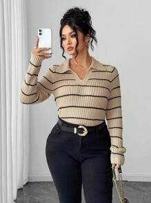 Elenzga 女士加大码罗纹针织卡其色条纹长袖毛衣，配有时尚领口。休闲舒适，日常百搭。针织套头衫，适合秋冬季节穿着。 - 卡其色 - 查看 4