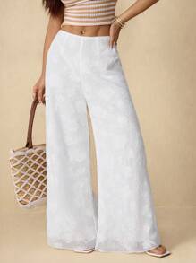 SHEIN PETITE Women's Casual Elegant Bohemian Holiday Beach White Patterned Textured Jacquard Loose Flared Pants, Summer, Boho