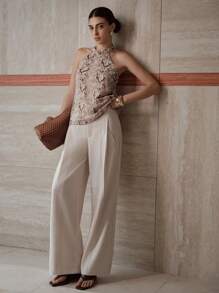 MOTF PREMIUM Pantalones anchos de pierna ancha con bolsillos sesgados plisados sólidos - Beis - Ver 4