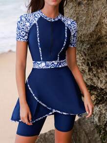 Swim Mulvari 2pcs Muslim Style Women Swimsuit, Floral Print Patchwork Modest Short Sleeve Swimwear Burkini Set For Summer Beach Vacation - Multicolor - View 10