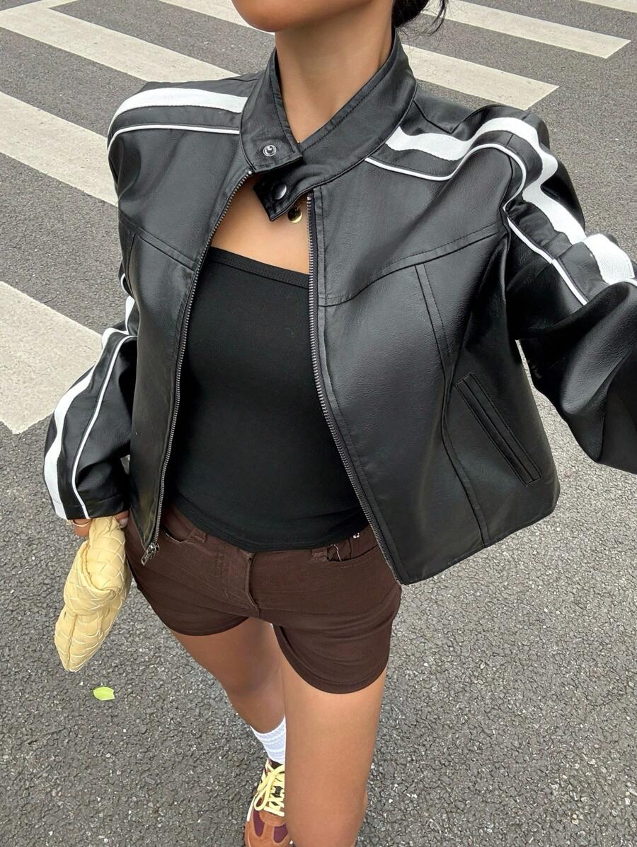 Muchica 女士 PU 撞色街头运动夹克