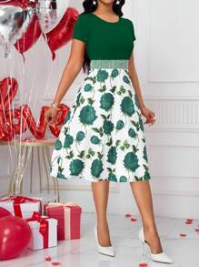 SHEIN Clasi 女士圆领短袖休闲花卉印花连衣裙，情人节优雅之选