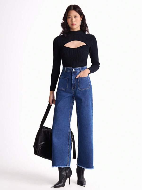 Daynim Calça Denim de Cintura Alta, Bolsos Aplicados, Barra Irregular