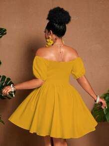 Maweii Plus Size Women's Solid Color Off Shoulder Short Puff Sleeve Hollow Out Design Sexy Dress