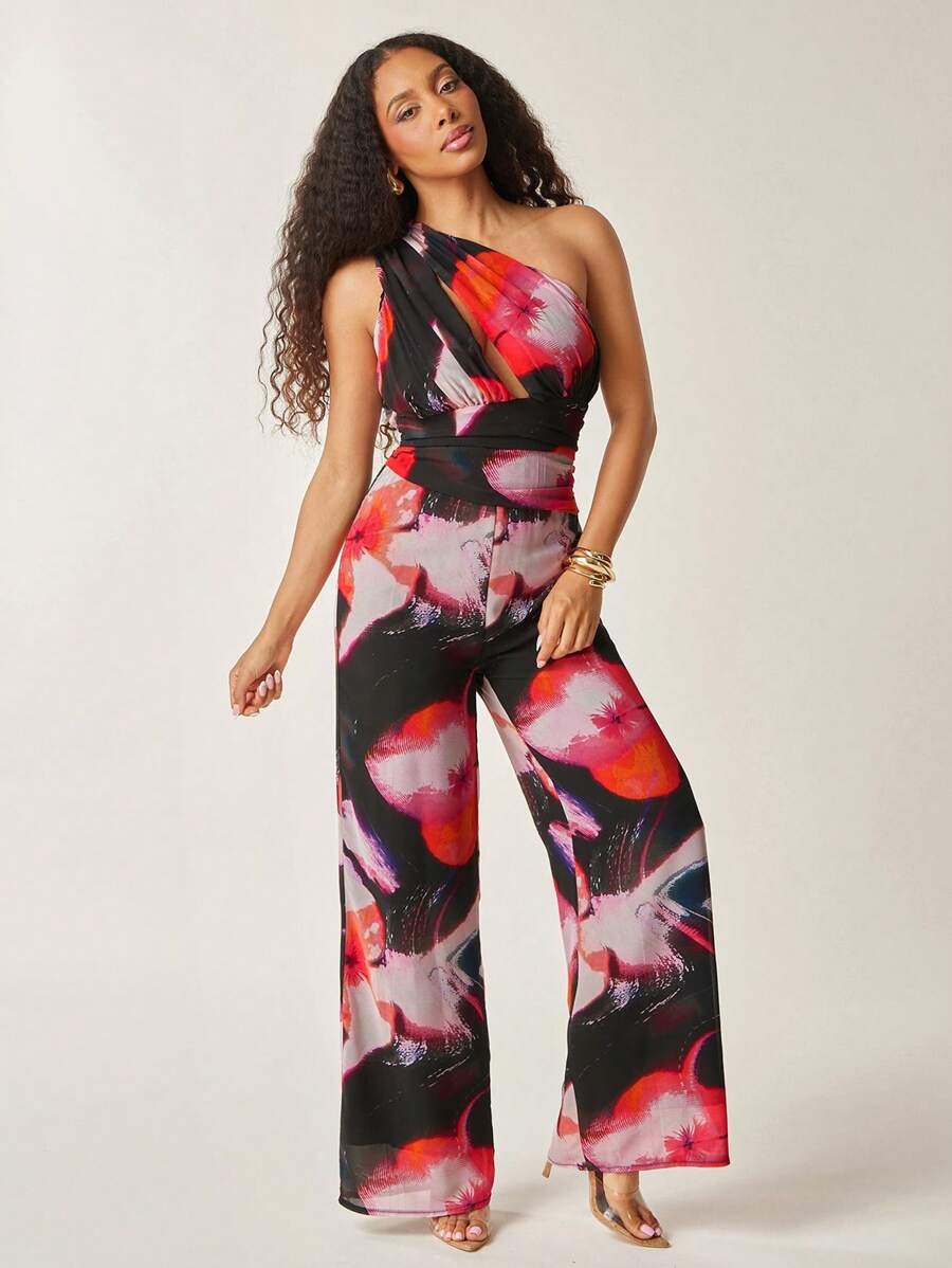 Vixey Black Floral Summer Tropical Jumpsuit For Women,One Shoulder Cut Out Ruching Detail Wide Leg Chiffon Jumpsuits,Vacation Holiday Wedding Guest Dress