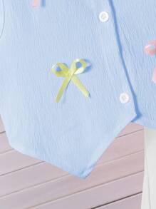 SHEIN 2pcs/Set Tween Girls Elegant 3D Bow Top & Pleated Mini Skirt Set, Spring/Summer - Blue - View 6